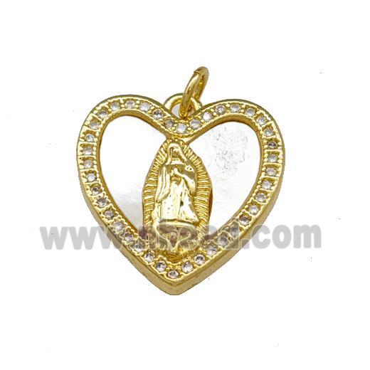 Copper Heart Pendant Pave Shell Zirconia Virgin Mary 18K Gold Plated