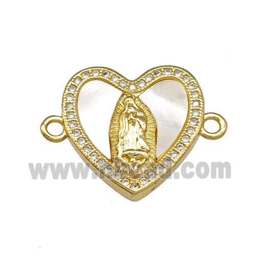 Copper Heart Connector Pave Shell Zirconia Virgin Mary 18K Gold Plated
