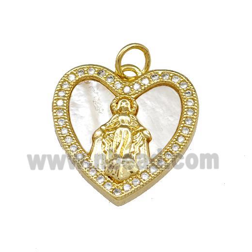 Virgin Mary Copper Heart Pendant Pave Shell Zirconia 18K Gold Plated