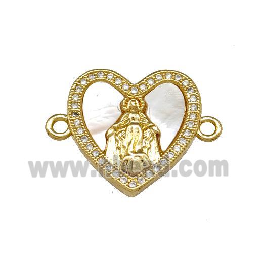 Virgin Mary Copper Heart Connector Pave Shell Zirconia 18K Gold Plated