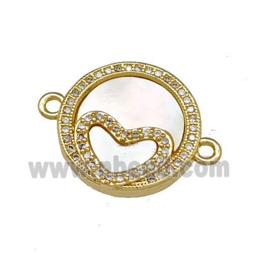 Copper Circle Connector Pave Shell Zirconia Heart 18K Gold Plated