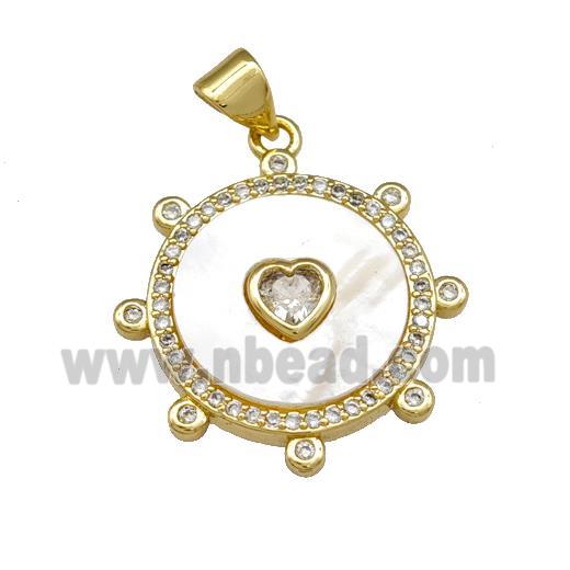 Copper Circle Pendant Pave Shell Zirconia Heart 18K Gold Plated
