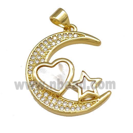 Copper Moon Pendant Pave Shell Zirconia Heart Star 18K Gold Plated