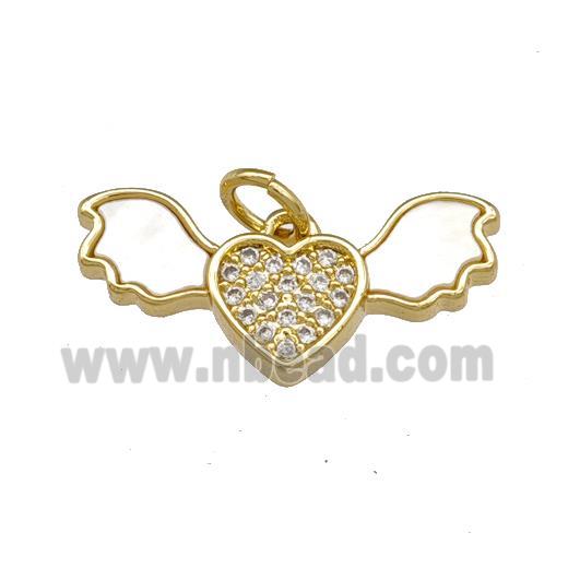 Copper Angel Wings Pendant Pave Shell Zirconia Heart 18K Gold Plated