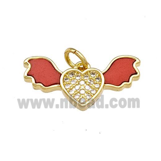 Copper Angel Wings Pendant Pave Shell Zirconia Heart 18K Gold Plated