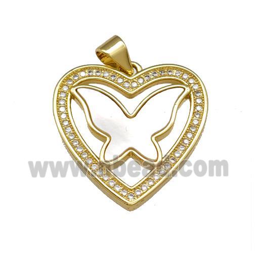 Copper Heart Pendant Pave Shell Zirconia Butterfly 18K Gold Plated