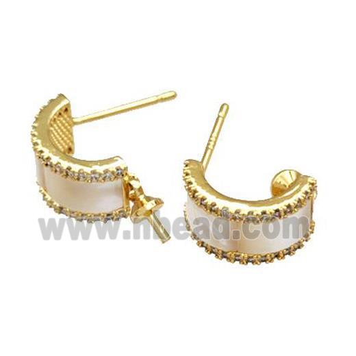 Copper Stud Earrings Pave Shell Zirconia With Bail 18K Gold Plated