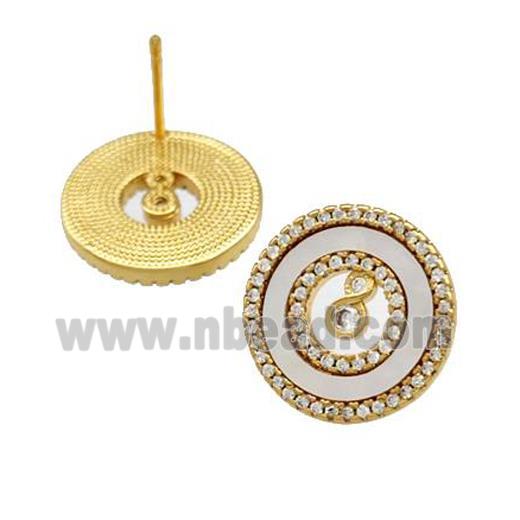 Copper Stud Earrings Pave Shell Zirconia Circle 18K Gold Plated