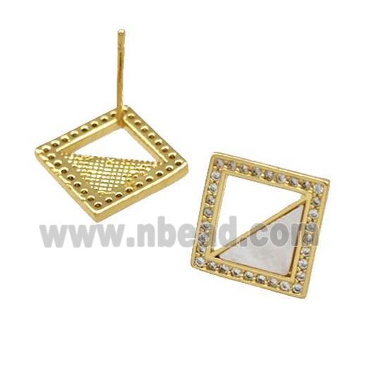 Copper Stud Earrings Pave Shell Zirconia Square 18K Gold Plated