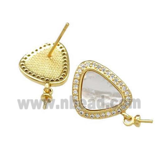 Copper Stud Earrings Pave Shell Zirconia With Bail Triangle 18K Gold Plated