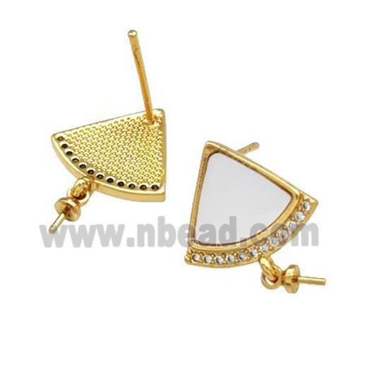 Copper Stud Earrings Pave Shell Zirconia With Bail Fan 18K Gold Plated