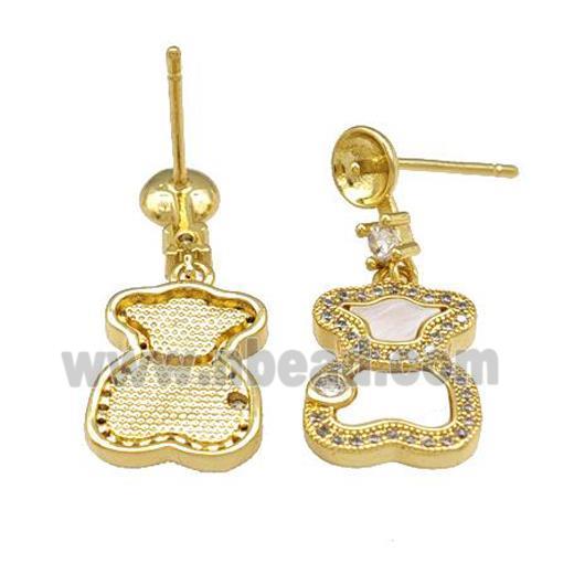 Copper Bear Stud Earrings Pave Shell Zirconia 18K Gold Plated