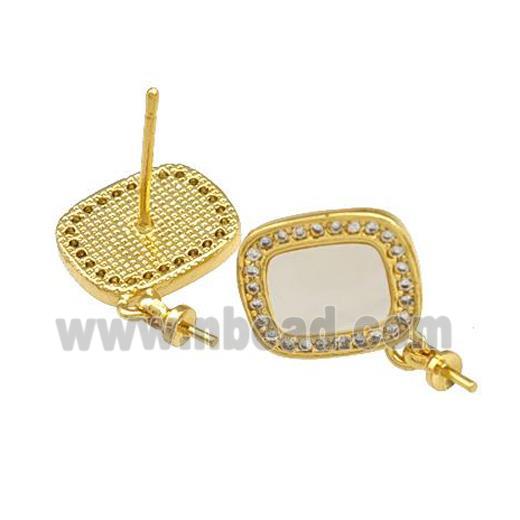 Copper Stud Earrings Pave Shell Zirconia With Bail Rectangle 18K Gold Plated