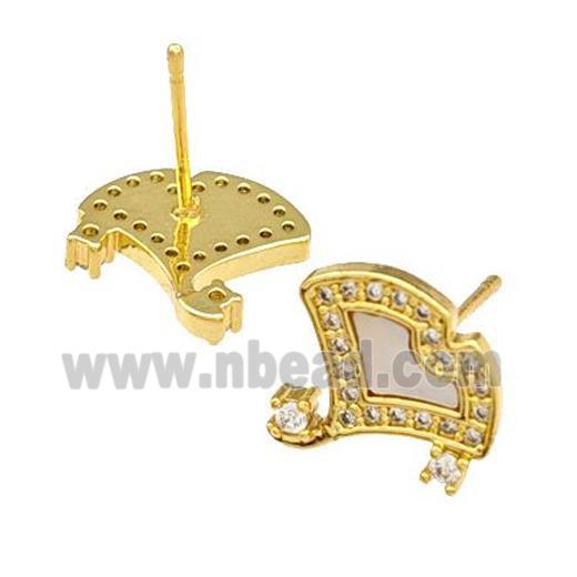 Copper Stud Earrings Pave Shell Zirconia Fan 18K Gold Plated