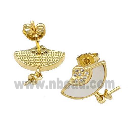 Copper Stud Earrings Pave Shell Zirconia With Bail 18K Gold Plated