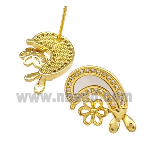 Copper Stud Earrings Pave Shell Zirconia Dolphin 18K Gold Plated