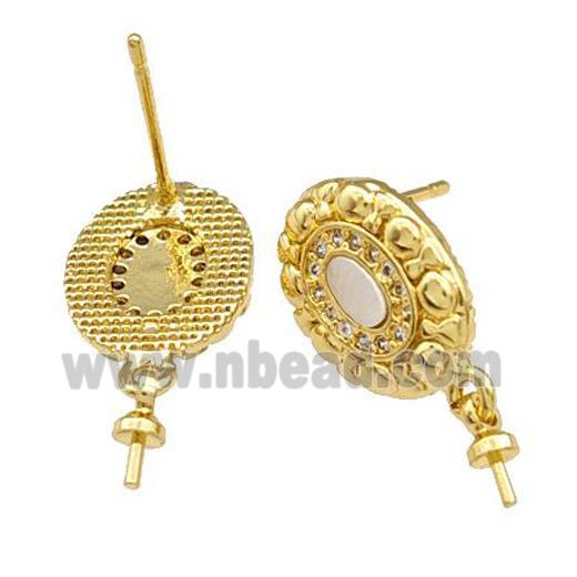 Copper Stud Earrings Pave Shell Zirconia With Bail Oval 18K Gold Plated