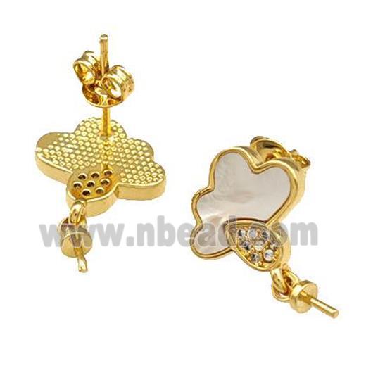 Copper Stud Earrings Pave Shell Zirconia With Bail Cloud 18K Gold Plated