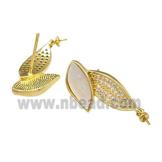 Copper Stud Earrings Pave Shell Zirconia With Bail Leaf 18K Gold Plated