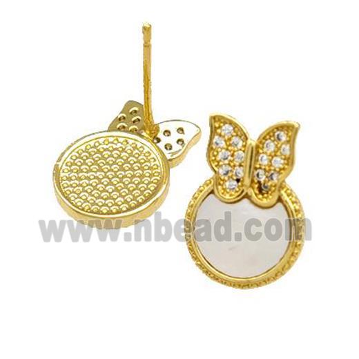 Copper Stud Earrings Pave Shell Zirconia Butterfly 18K Gold Plated