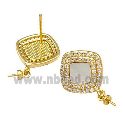 Copper Stud Earrings Pave Shell Zirconia With Bail Square 18K Gold Plated