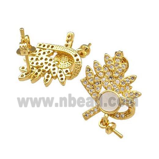 Copper Stud Earrings Pave Shell Zirconia With Bail Peacock 18K Gold Plated