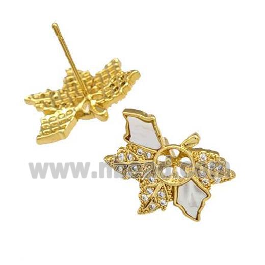 Copper Stud Earrings Pave Shell Zirconia Leaf 18K Gold Plated
