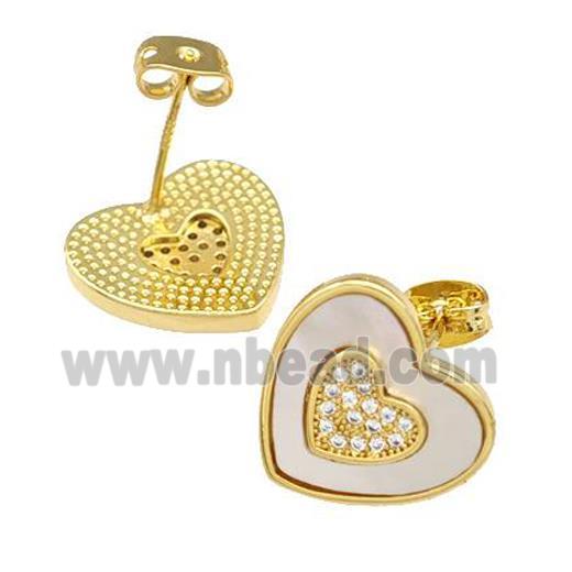 Copper Stud Earrings Pave Shell Zirconia Heart 18K Gold Plated