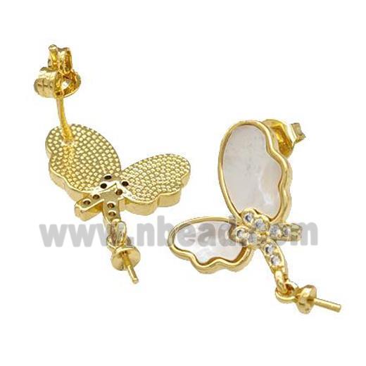 Copper Stud Earrings Pave Shell Zirconia With Bail Butterfly 18K Gold Plated