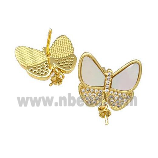 Copper Stud Earrings Pave Shell Zirconia With Bail Butterfly 18K Gold Plated