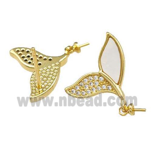 Copper Stud Earrings Pave Shell Zirconia With Bail Shark-Tail 18K Gold Plated