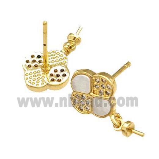 Copper Stud Earrings Pave Shell Zirconia With Bail Clover 18K Gold Plated
