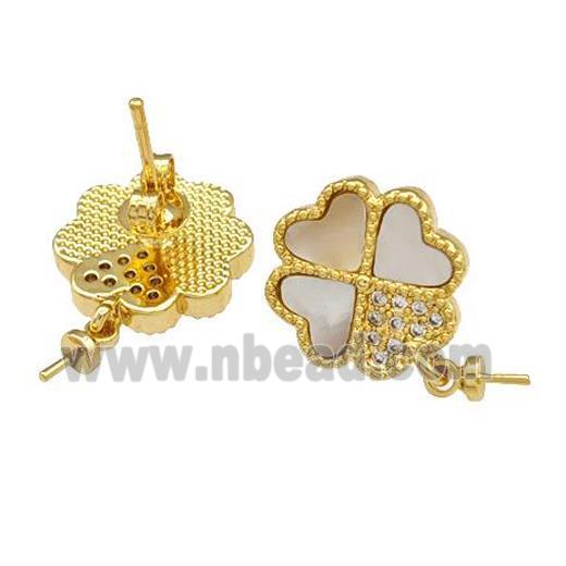 Copper Stud Earrings Pave Shell Zirconia With Bail Clover 18K Gold Plated