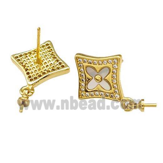 Copper Stud Earrings Pave Shell Zirconia With Bail Cross 18K Gold Plated
