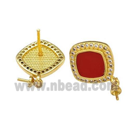 Copper Stud Earrings Pave Shell Zirconia With Bail Square 18K Gold Plated