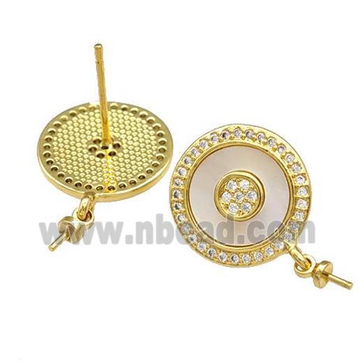 Copper Stud Earrings Pave Shell Zirconia With Bail Circle 18K Gold Plated