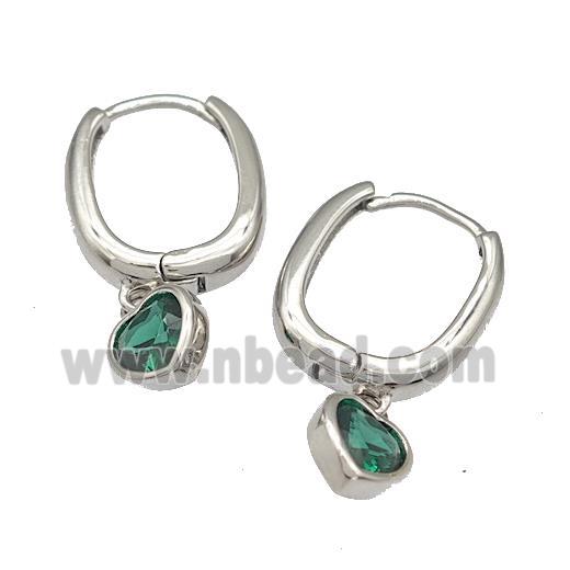 Copper Latchback Earrings Pave Green Zirconia Heart Platinum Plated