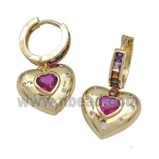 Copper Hoop Earrings Micro Pave Fuchsia Zirconia Heart Gold Plated