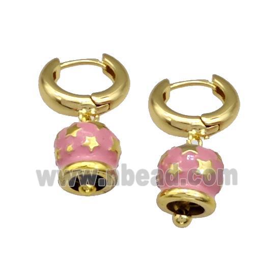 Copper Hoop Earrings With Bell Pink Enamel Star Gold Plated