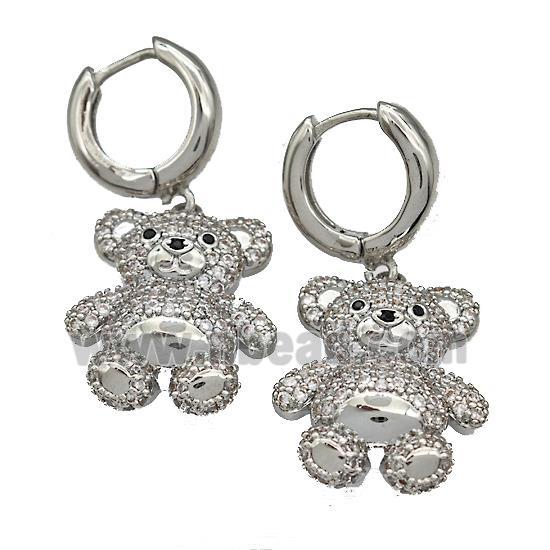 Copper Latchback Earrings With Bear Micro Pave Zirconia Platinum Plated
