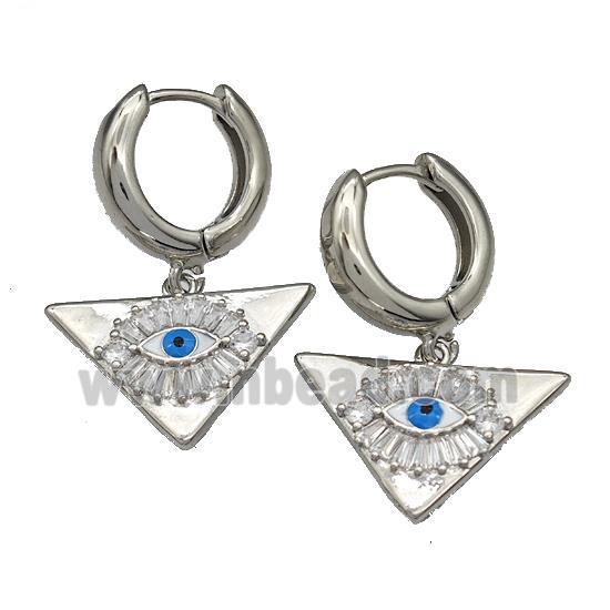 Copper Latchback Earrings With Evil Eye Micro Pave Zirconia Triangle Platinum Plated