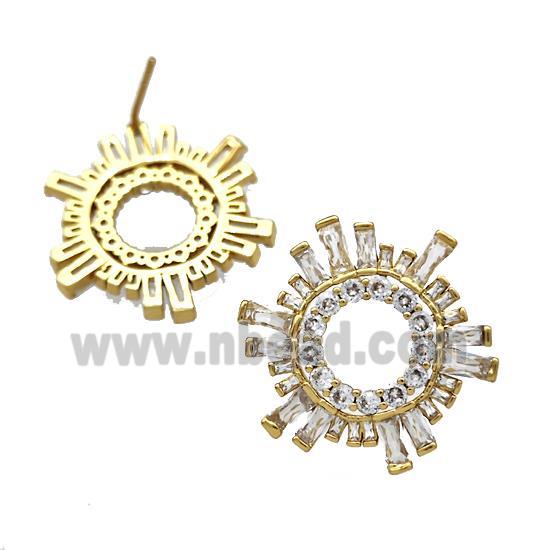 Copper Stud Earrings Micro Pave Zirconia Sun Gold Plated