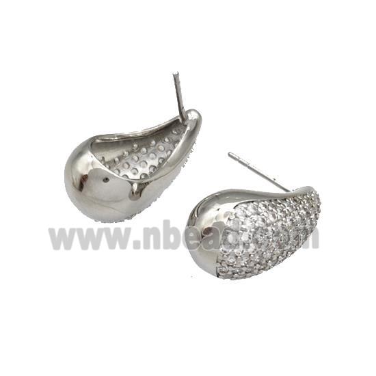 Copper Stud Earrings Micro Pave Zirconia Teardrop Hollow Platinum Plated