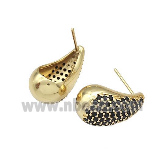 Copper Stud Earrings Micro Pave Black Zirconia Teardrop Hollow Gold Plated