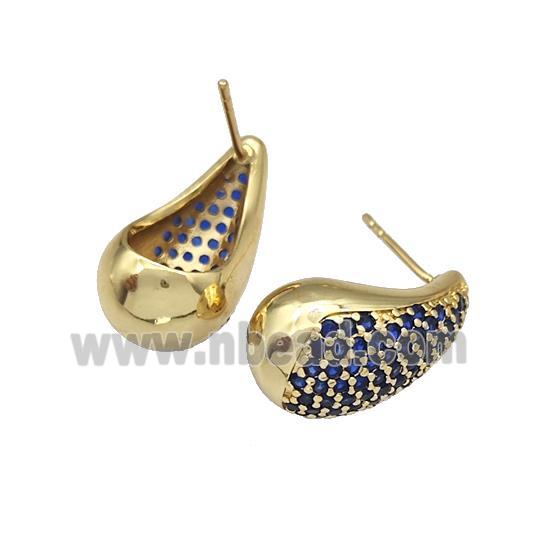 Copper Stud Earrings Micro Pave Blue Zirconia Teardrop Hollow Gold Plated