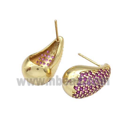 Copper Stud Earrings Micro Pave Fuchsia Zirconia Teardrop Hollow Gold Plated