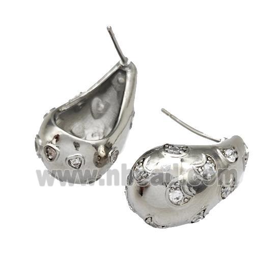 Copper Stud Earrings Micro Pave Zirconia Teardrop Hollow Platinum Plated