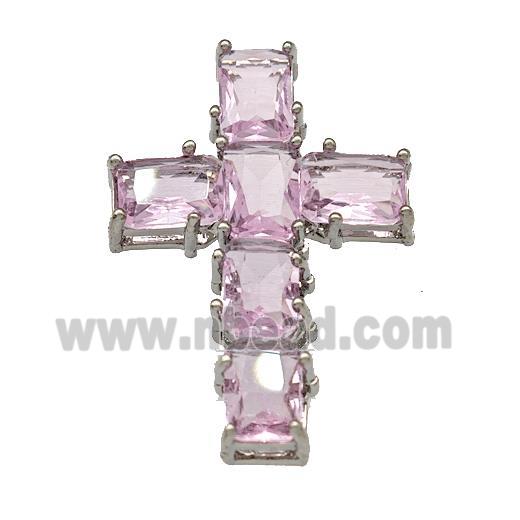 Copper Cross Pendant Micro Pave Pink Crystal Platinum Plated