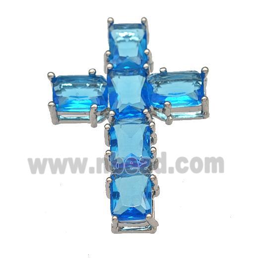Copper Cross Pendant Micro Pave Skyblue Crystal Platinum Plated