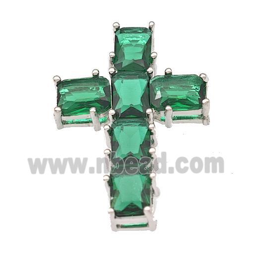 Copper Cross Pendant Micro Pave Green Crystal Platinum Plated